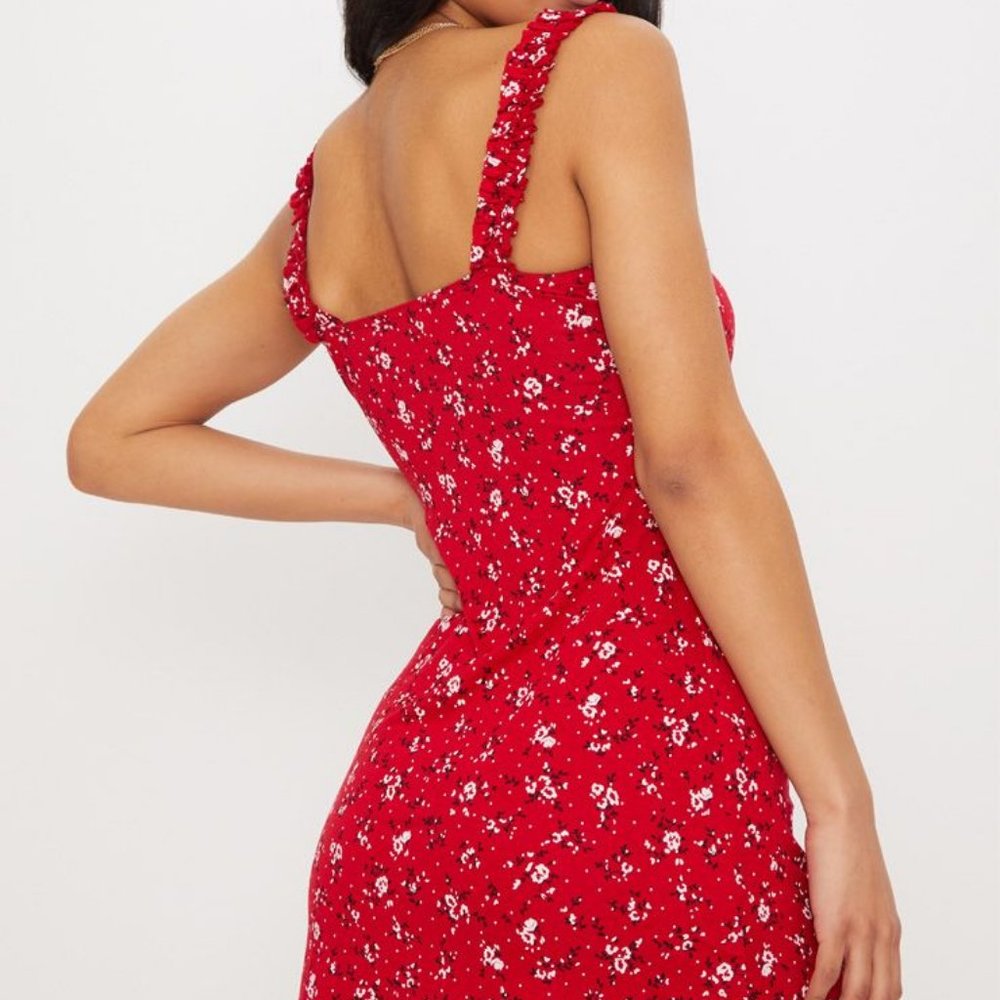 RED FLORAL PRINT FRILL DETAIL SHIFT DRESS - Picture 3 of 9